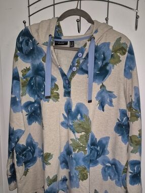 Susan Graver Cream Hoodie with Blue Floral Print